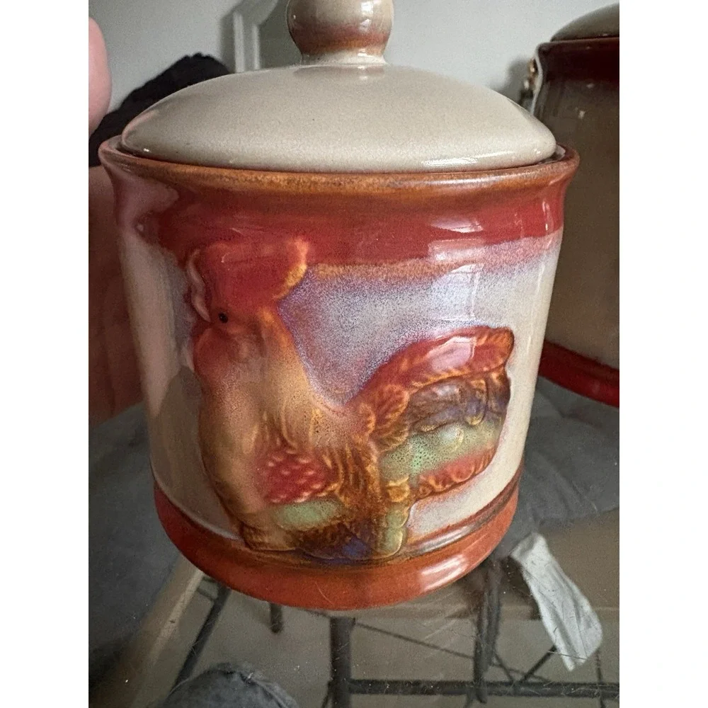 Vintage Ceramic Rooster Canister Set of 3 Drip Glaze Farmhouse Kitchen Jars